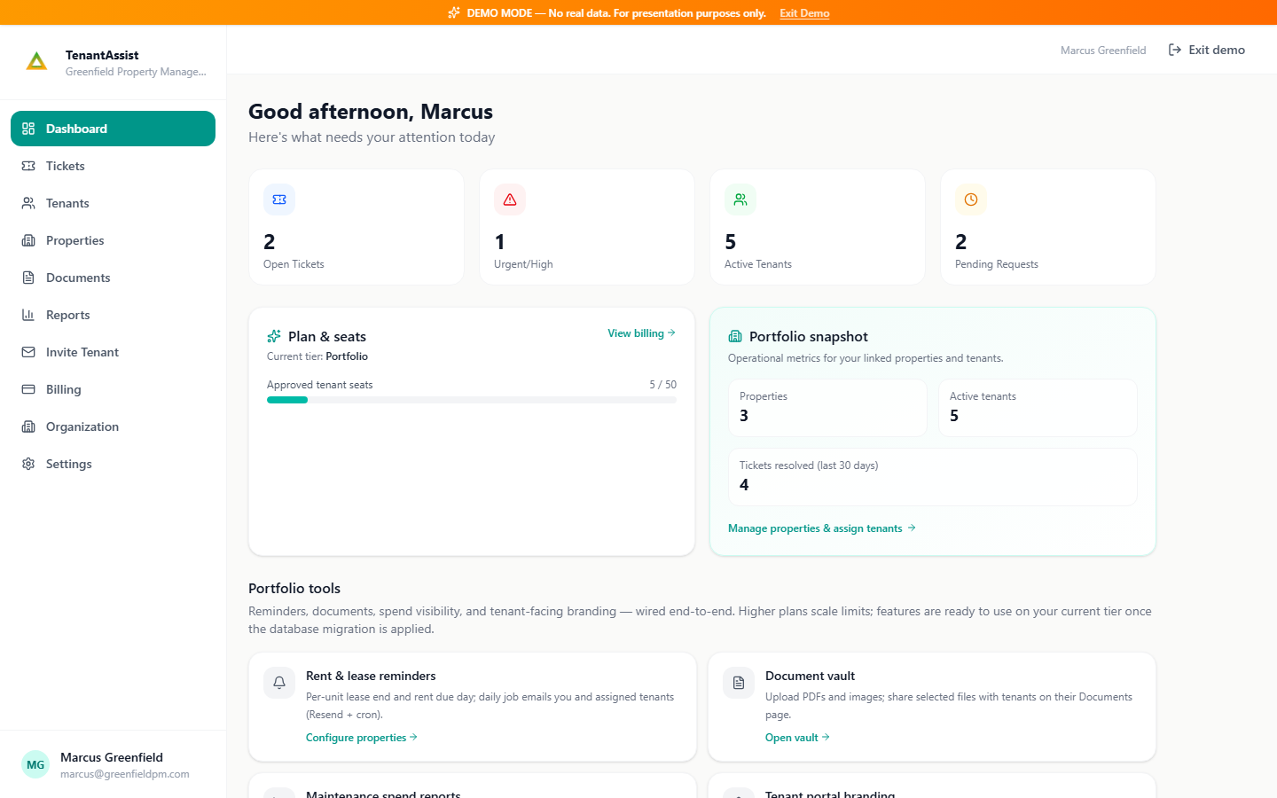 Screenshot of the TenantAssist demo landlord dashboard with maintenance tickets and activity