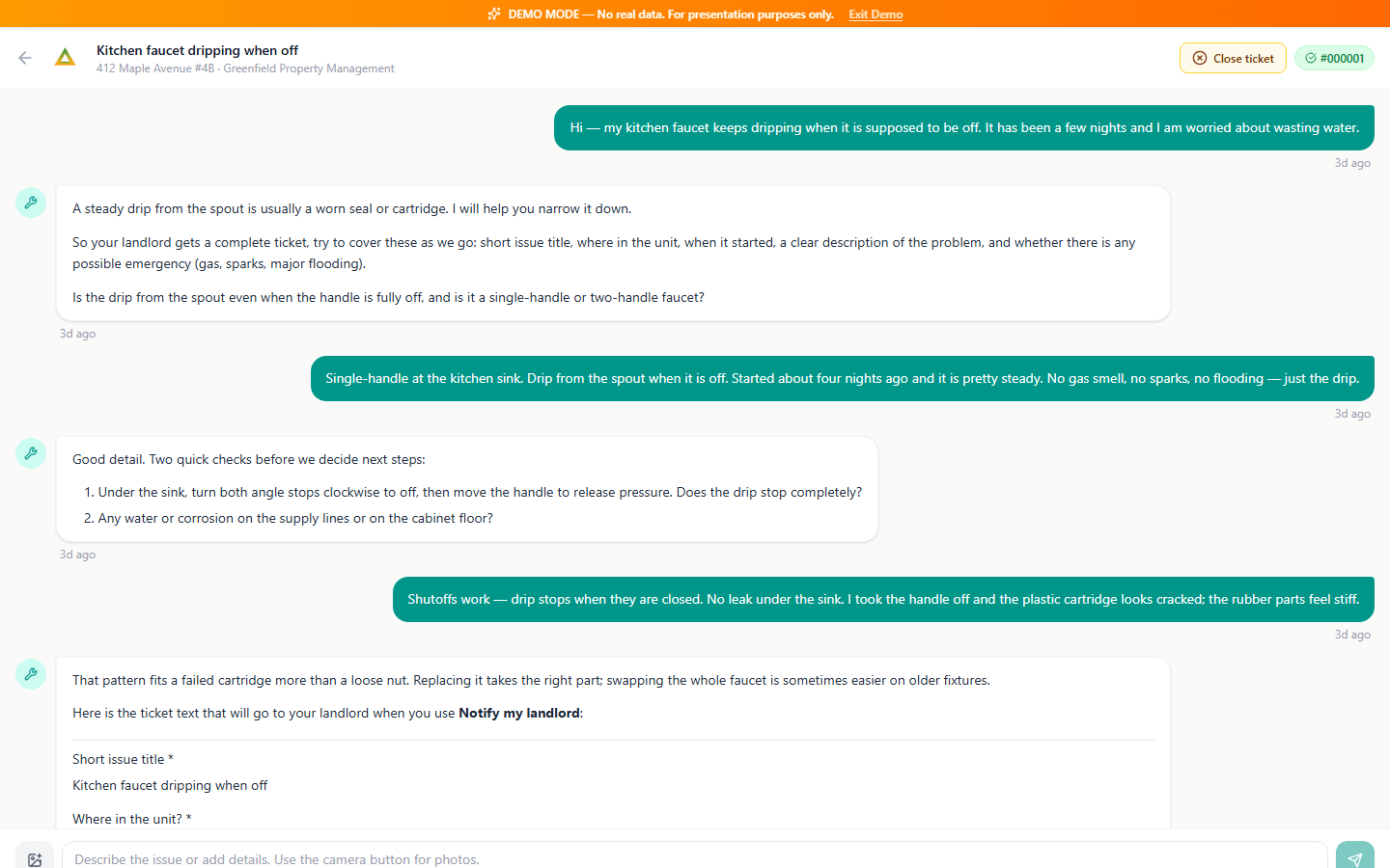 Animated demo of scrolling through a tenant maintenance ticket conversation in the TenantAssist chat